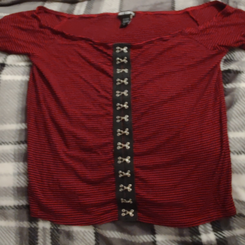 Red Off-Shoulder Top with Button Detail